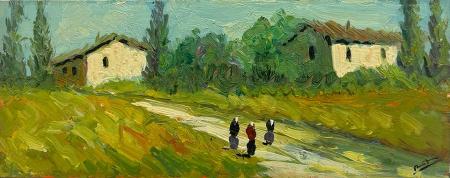 Art work by firma Illeggibile Via di campagna - oil table 